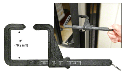 CRL 1GCAL insulating glass caliper showing three-inch jaw reach and use on an installed unit